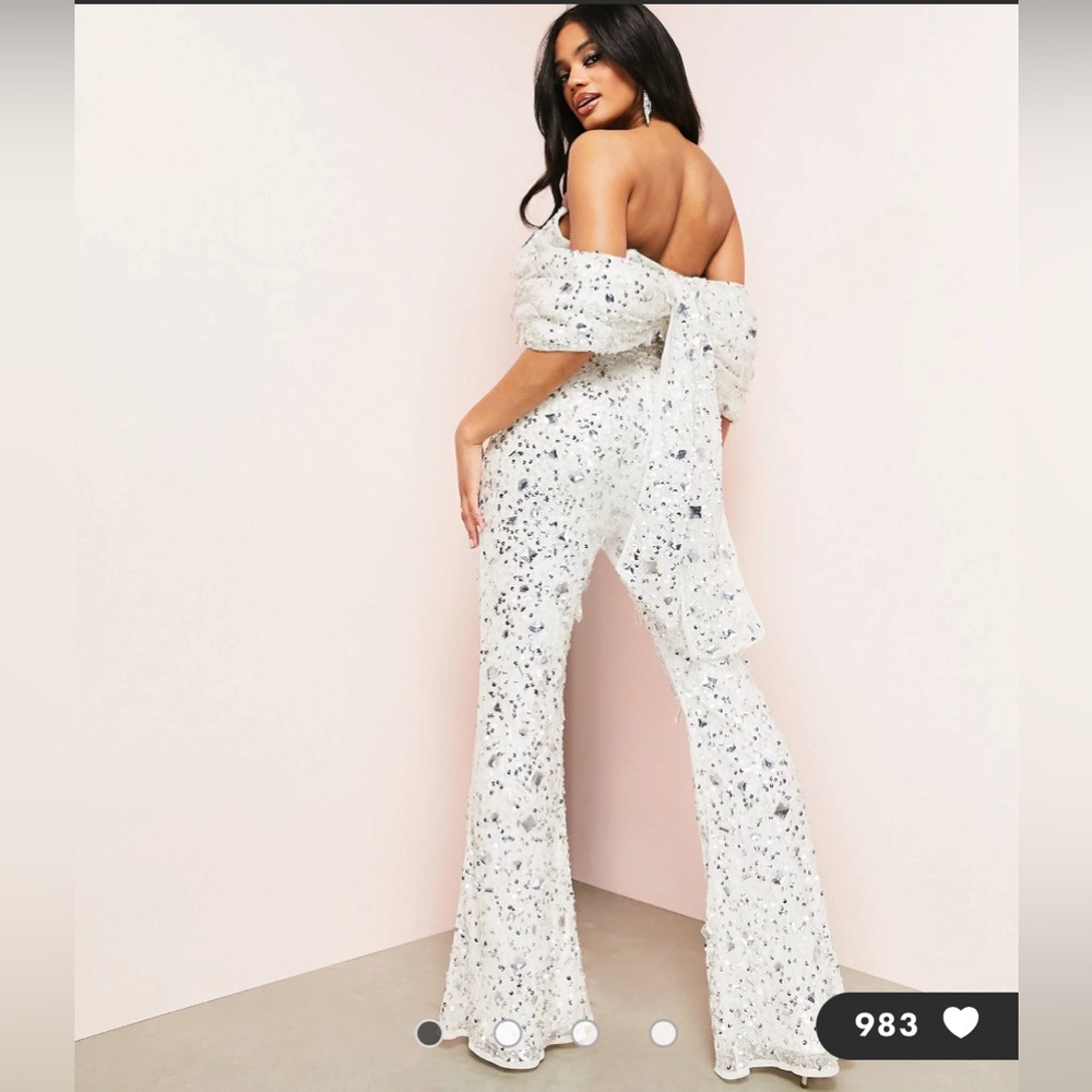 ASOS Luxe white sequin and beaded Bardot jumpsuit